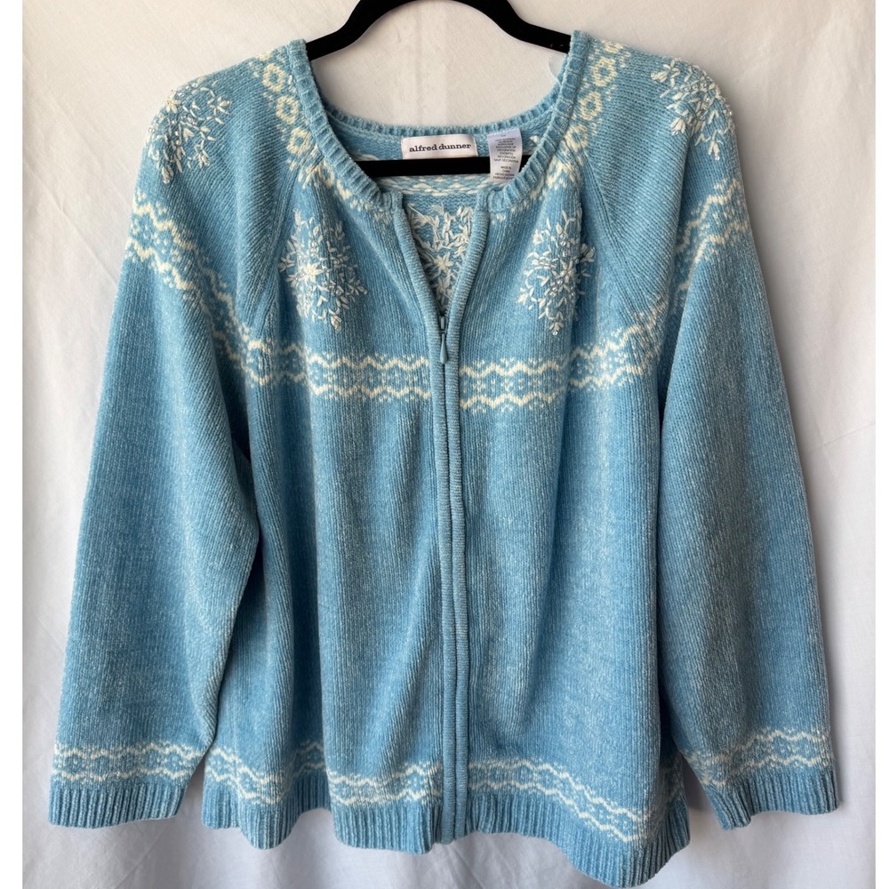 Alfred Dunner Cardigan Blue Grandma Sweater Beaded Fair Isle Zip Cottagecore 1X